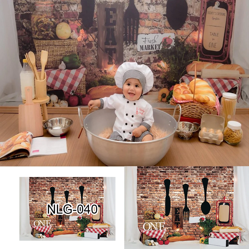 

Меню кухня новорожденный маленький шеф-повар портрет день рождения фон для студийной фотосъемки день рождения фон деревянный хлеб помидоры баннер