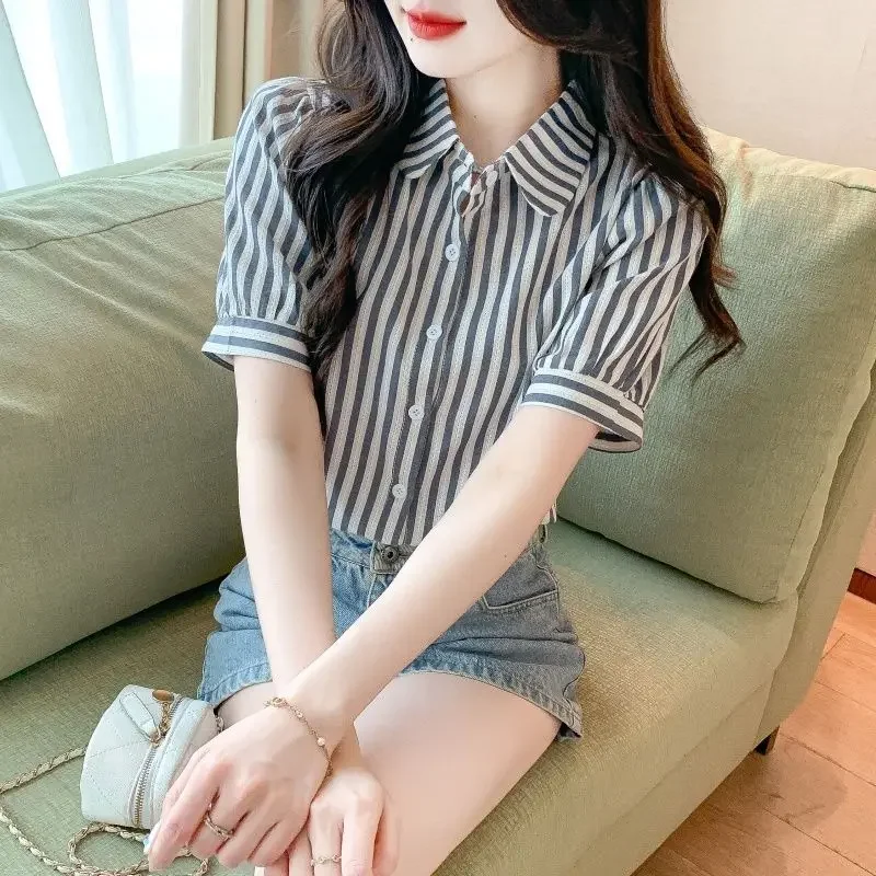 Модная полосатая рубашка женская с пышными рукавами лето 2024 новый свободный топ