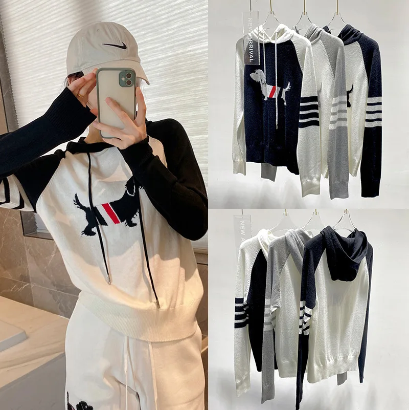 

Spring/summer 2023 New TB College Wind Puppy Jacquard Hooded Drawstring Long Sleeve Pullover Sweater Bottoming Sweater Tide