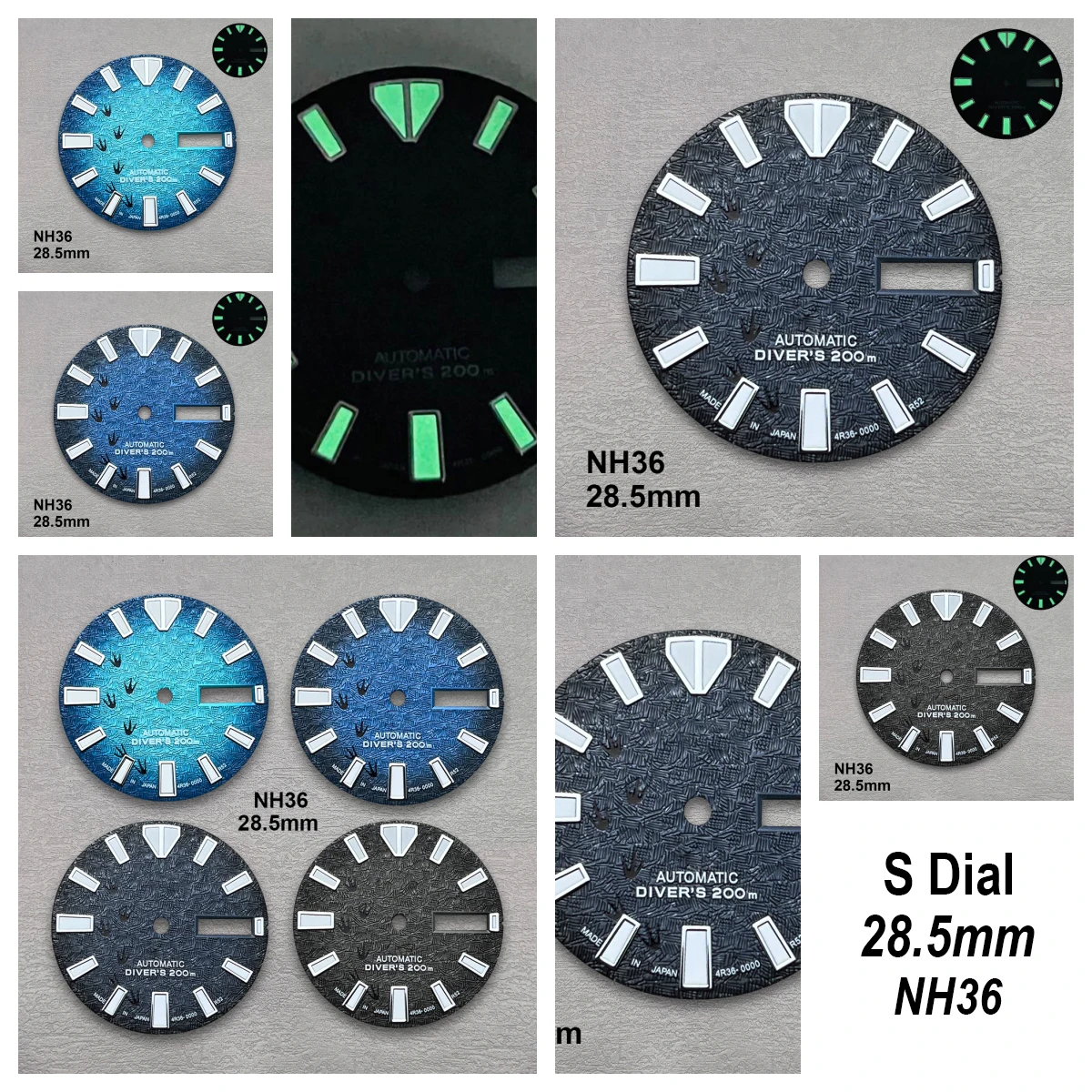 Фото 28,5 мм Высокое качество S логотип NH35 циферблат 3D следы циферблат SKX007/SUB циферблат подходит для механизма NH36 C3 зеленый светящийся NH35 аксессуары №1