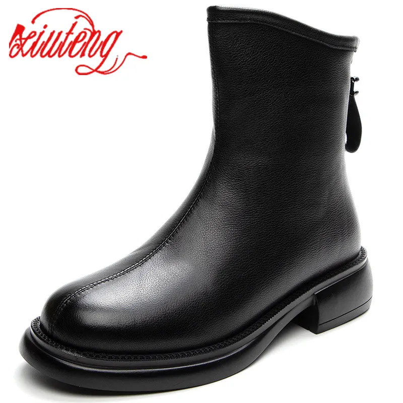 

Xiuteng 2022 Winter Women Ankle Boots Natural Leather Cowhide Upper Back Zip Stretch Skinny Boots Womens Shoes