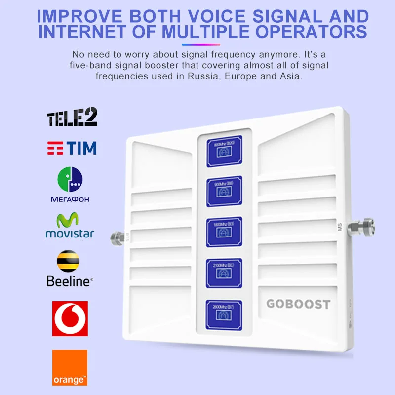 GOBOOST Five Band Cellular Amplifier B20 800 900 1800 2100 2600 Cell Mobile Phone Signla Repeater B28 850 1700 1900 B7 Booster