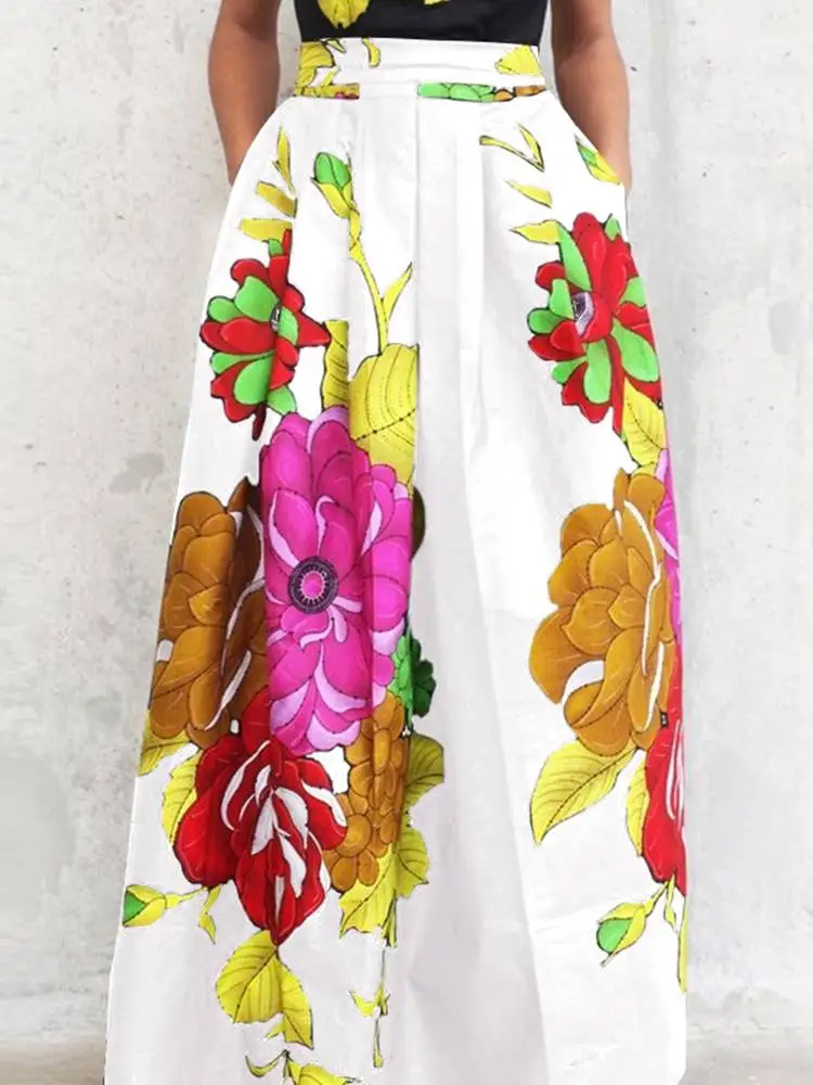 

VONDA Bohemian Women Summer Maxi Skirts Floral Printed Swing Party Jupe Casual Vintage Elastic Waist Long Pockets Faldas Saias