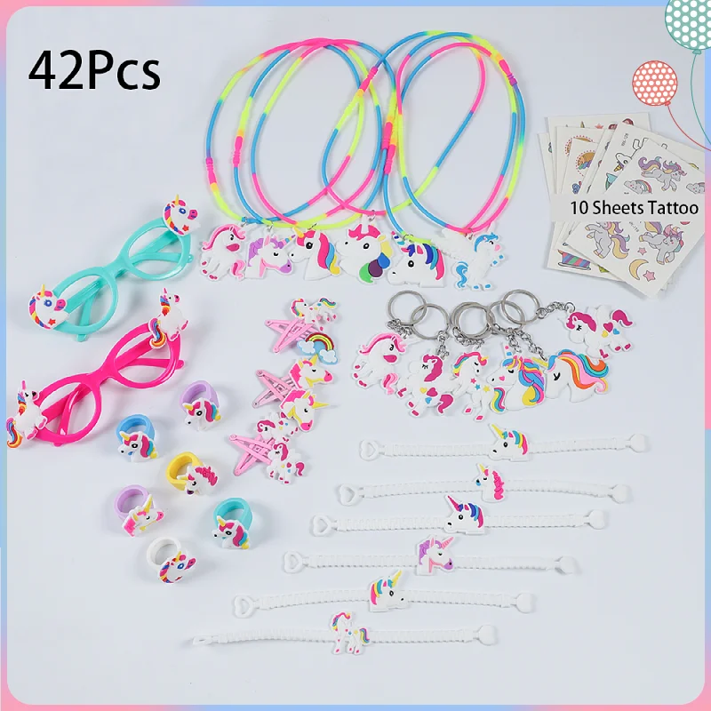 42Pcs Cute Unicorn Party Supplies Pinata Kids Birthday Party Favors Unicorn Necklace Bracelet Hairpin Keychain Baby Shower Gifts