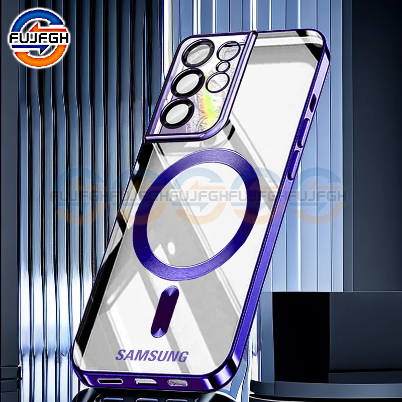 Роскошный Магнитный защитный беспроводной чехол с покрытием для Samsung Galaxy S23 S22 S21 Plus Ultra FE HD, прозрачный противоударный чехол Роскошный Магнитный защитный беспроводной чехол с покрытием для Samsung Galaxy S23 S22 S21 Plus Ultra FE HD, прозрачный противоударный чехол