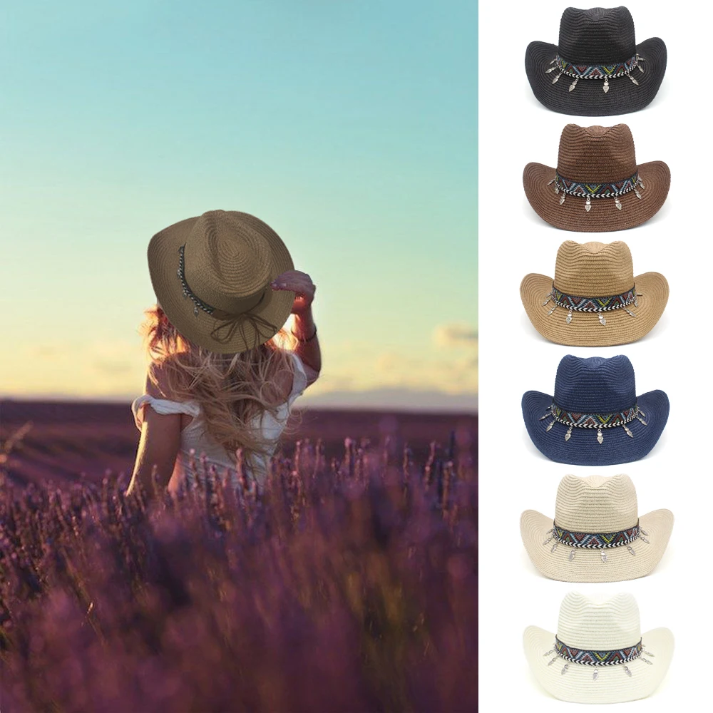 

Men Women Soft Straw Western Cowboy Hats Wide Brim Sunhat Party Travel Outdoor Caps Classical Retro Sombrero UK Size L US 7 1/4