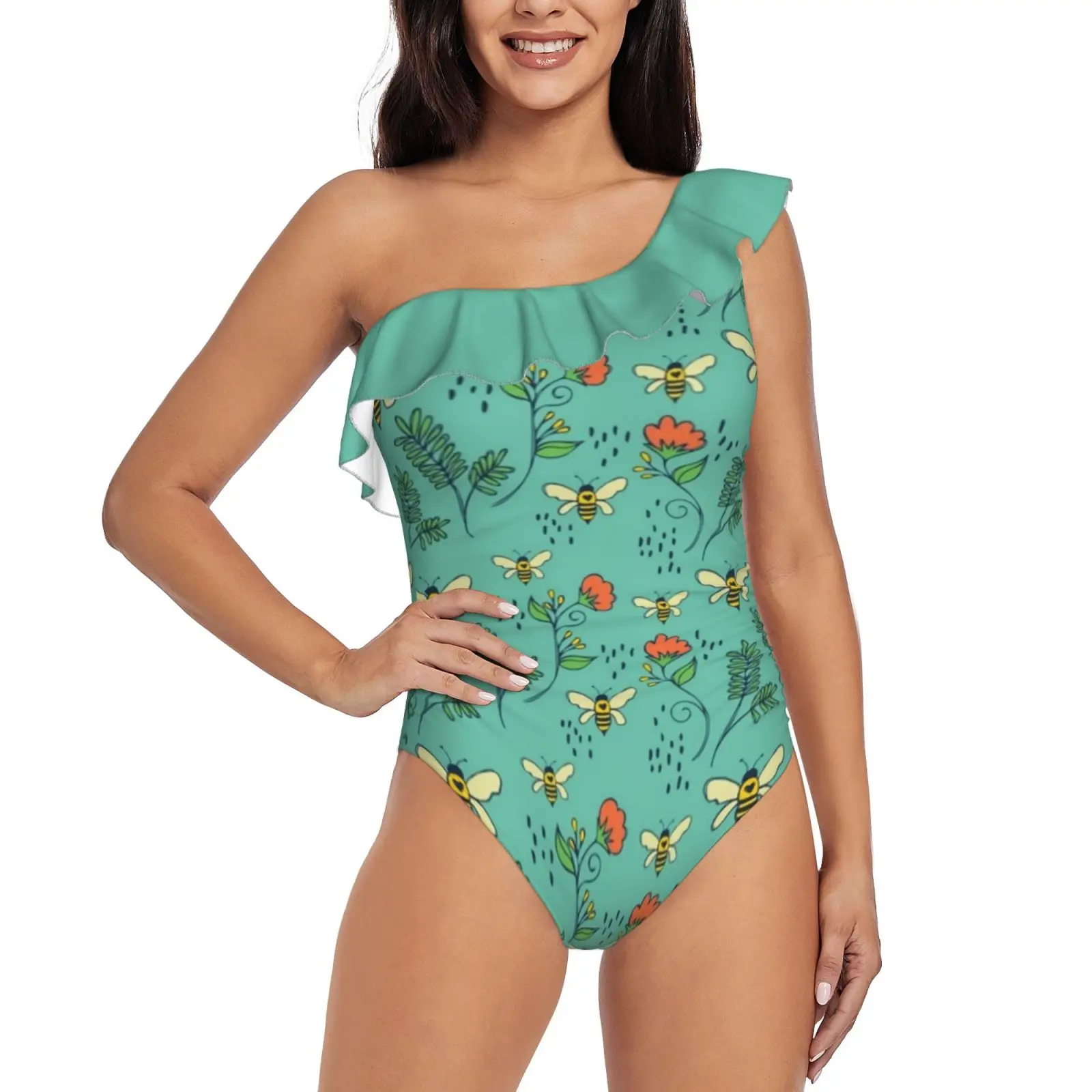 

Bees And Flowers One Shoulder Ruffle Swimsuits Sexy One Piece Swimsuit Women Swimwear Monokini Jmhurd Honey Bee Bee Bees Honey