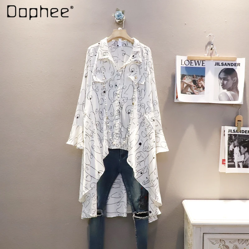 

Casual Line Design Lapel Mid-Length Shirt 2022 Spring New Stylish Loose Polo Collar Button Up Long Blouse for Women Streetwear