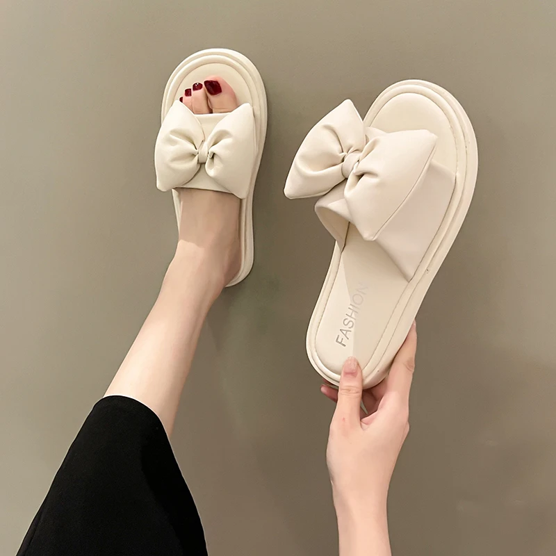 

Шлепанцы женские с бантом-бабочкой, Сланцы на плоской подошве, роскошные мягкие, повседневная обувь из искусственной резины, 2022