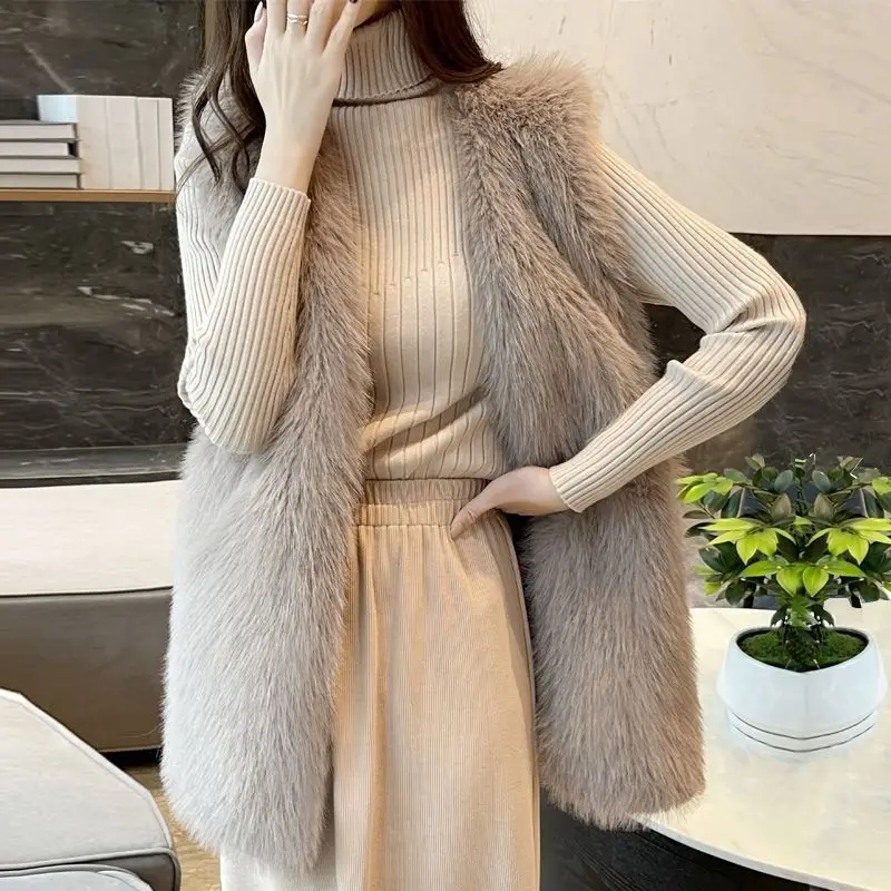 Autumn Winter Plush Vest Coat Women Solid Color Warm Loose Faux Fur Vest Women's Casual Sleeveless Cardigan Length Vest Coat