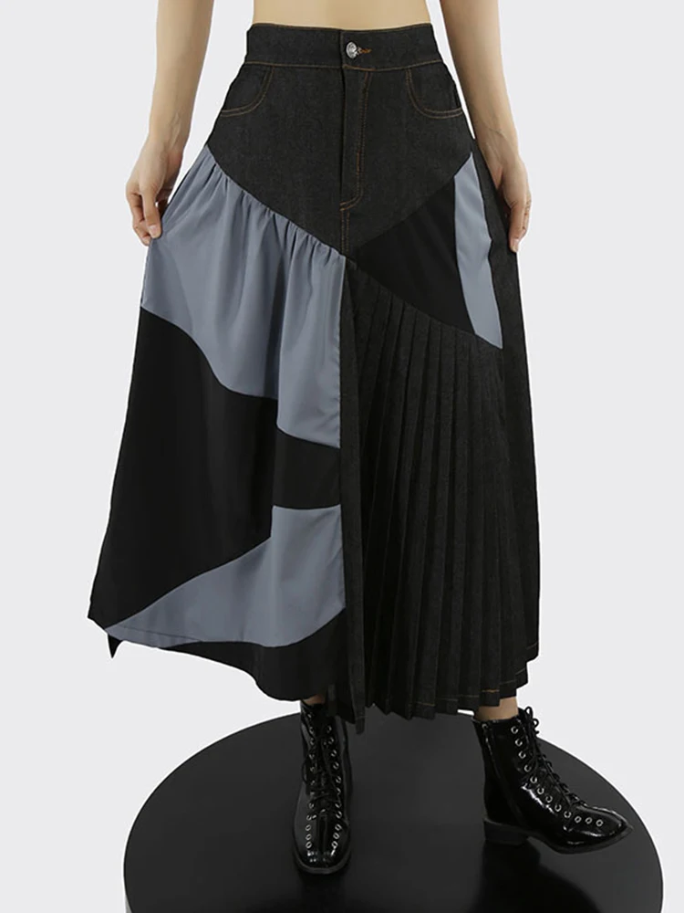 

[EAM] High Elastic Waist Apricot Color-block Pleated Long Half-body Skirt Women Fashion Tide New Spring Autumn 2022 1DE5952