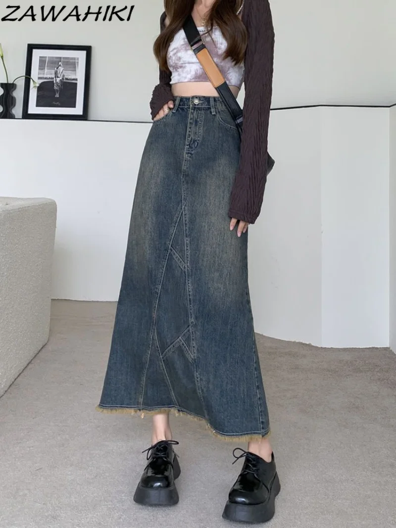 

Y2K Women Slit Streetwear Vintage Knee Length Denim Midi Long Skirt High Waist Straight Tassel Grunge Jeans Blue Jean Skirts