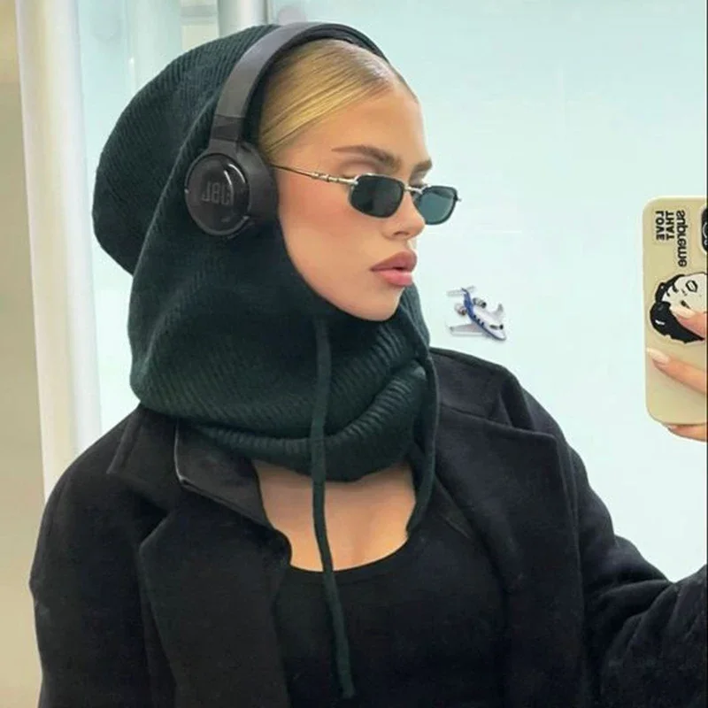 Женский шарф с капюшоном однотонный вязаный пуловер Балаклава на шнурке зимняя