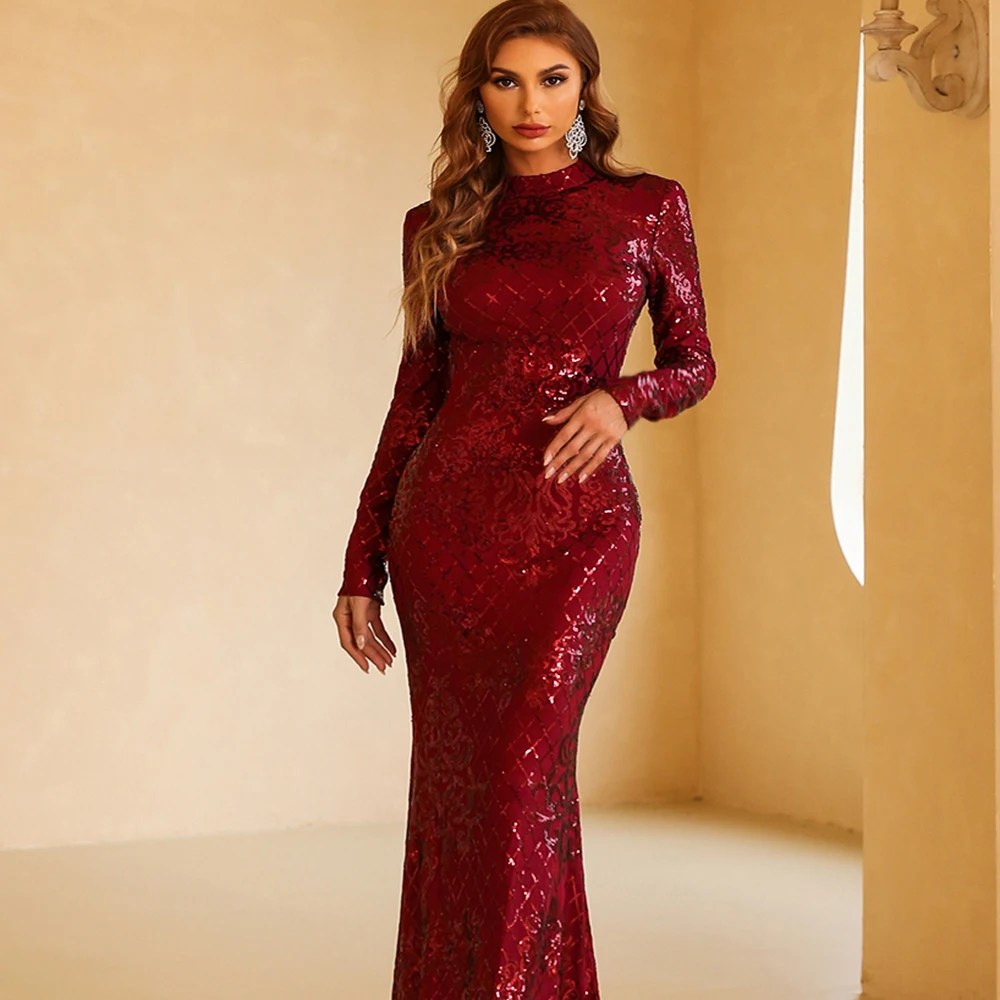 O-Neck Long-Sleeve Dresses Sexy Backless Evening Dresses Red Sweep Train Dress Ball Gown for Wedding Cocktail Party