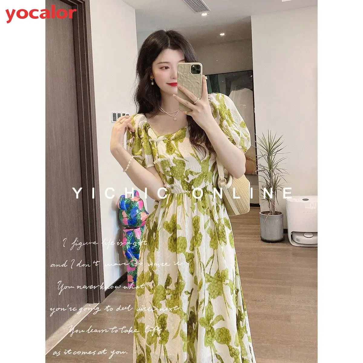 

2022 Women Summer Floral Women Clothing Short Sleeve Sexy Square Neck Bodycon Midi Dress Chic And Elegant Dresses For Female