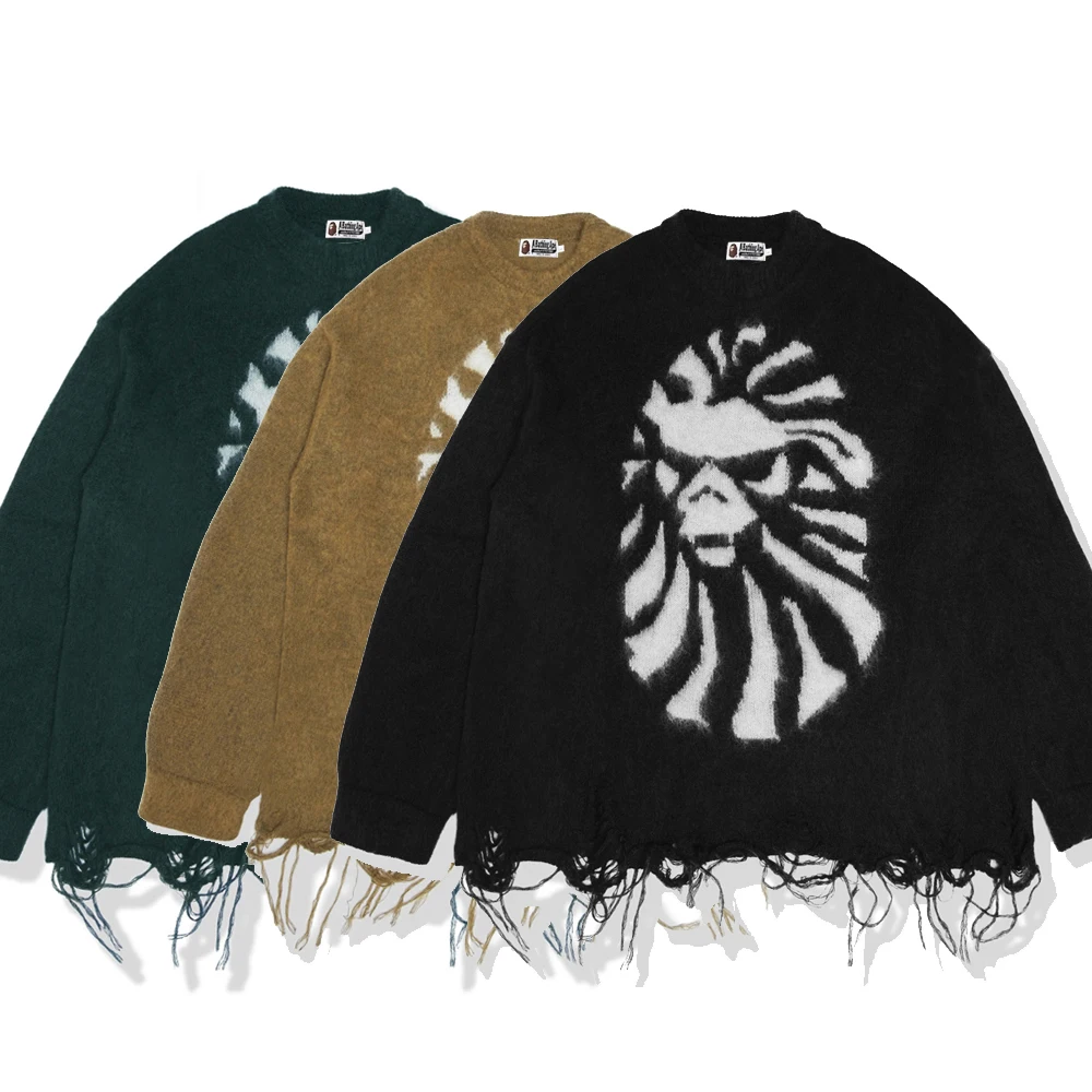 

Bapes Mohair Crew Neck Fringed Ruined Sweater Men Clothing Oversize Hip Hop Streetwear Harajuku Casual Mens Sweater