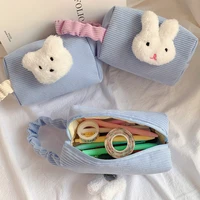 korean ins cute rabbit bear blue pencil case wash supplies cosmetic storage bag school stationery large capacity kawaii corduroy