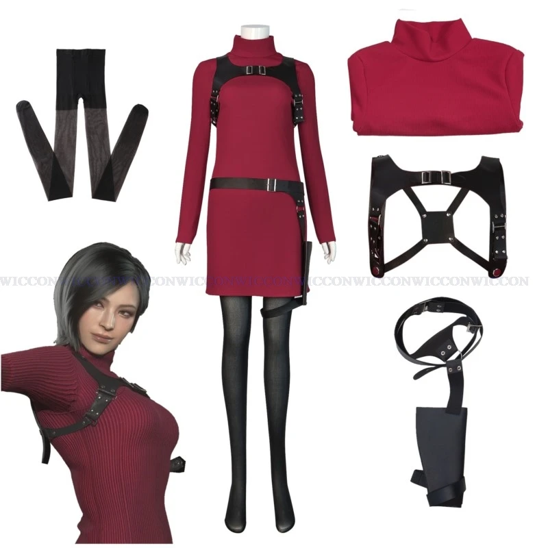 Female Resident 4 Ada Wong Cosplay Costume Evil Cheongsam Dress Red Wig Shoes Halloween Carnival Disguise Suit Women Girls