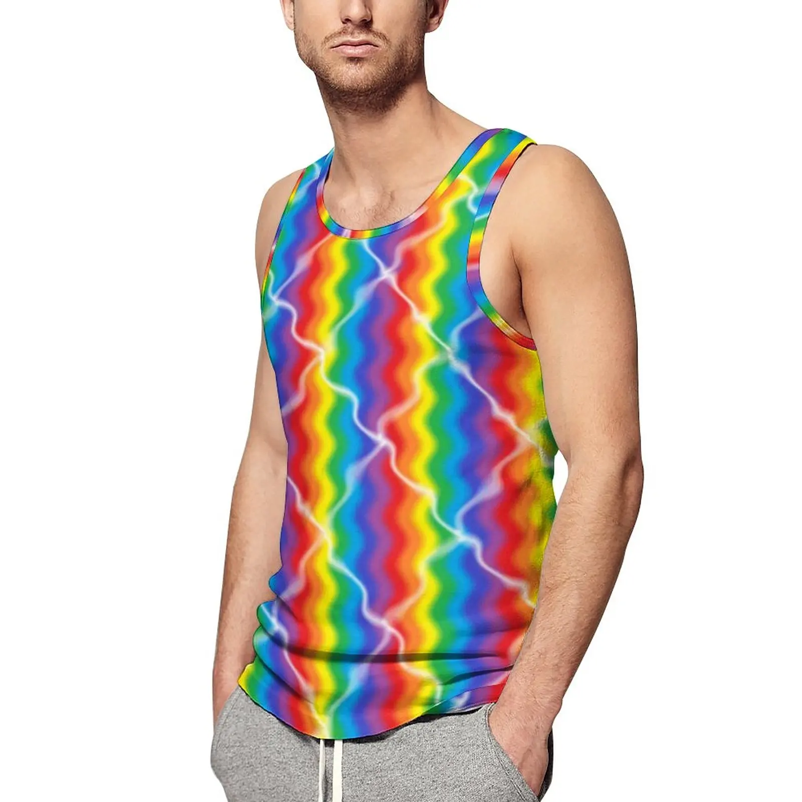 

Cracked Rainbow Summer Tank Top Abstract Stripes Colorful Bodybuilding Tops Mens Pattern Cool Sleeveless Vests Large Size 5XL