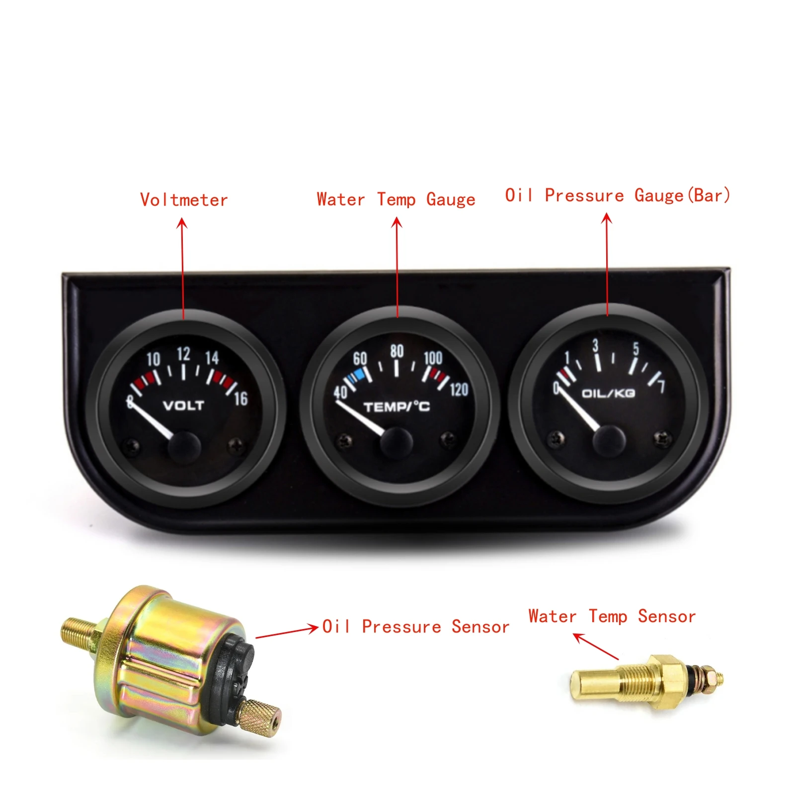 

52 мм 3 в 1 манометр масла + вольтметр + комплект датчика температуры воды с датчиком датчика температуры масла Вольтметр Пресс масла Тройной измеритель