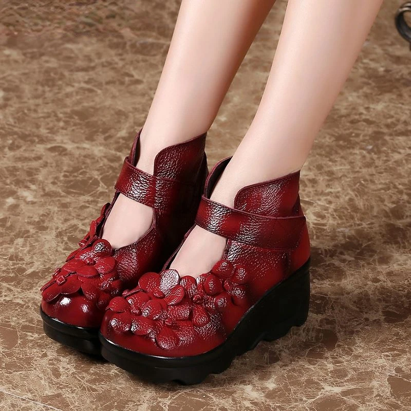 

Женские ботильоны из натуральной кожи, с круглым носком, на танкетке