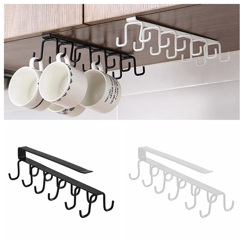 

Iron 6 Hooks Storage Shelf Wardrobe Cabinet Metal Under Shelves Mug Cup Hanger Bathroom Kitchen Organizer Hanging Rack Holder