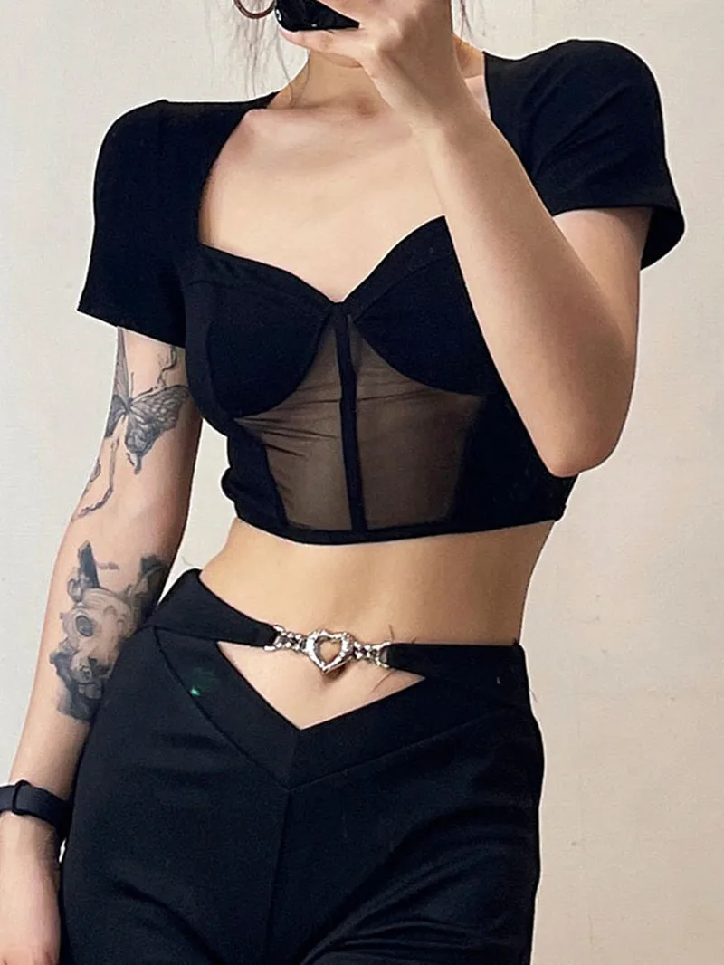 

Женская Винтажная футболка с открытым пупком, Повседневная сетчатая укороченная футболка с коротким рукавом в стиле 1920-х, Y2K, Летний сезон