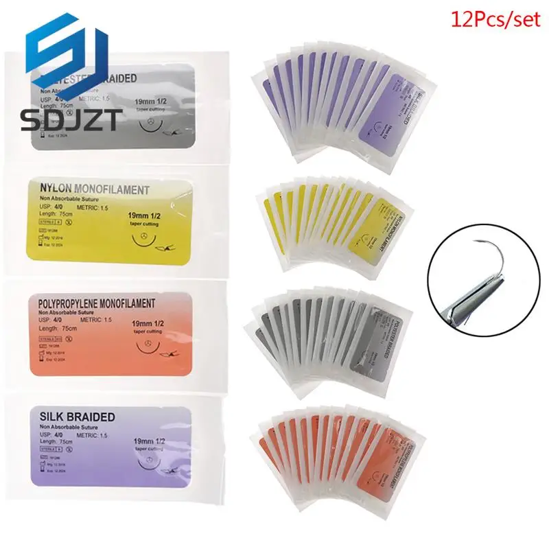 

12Pcs 4/0 Medical Needle Suture Nylon Monofilament Silk Braided Needle Thread Suture Teaching Demonstrations Practice Kit