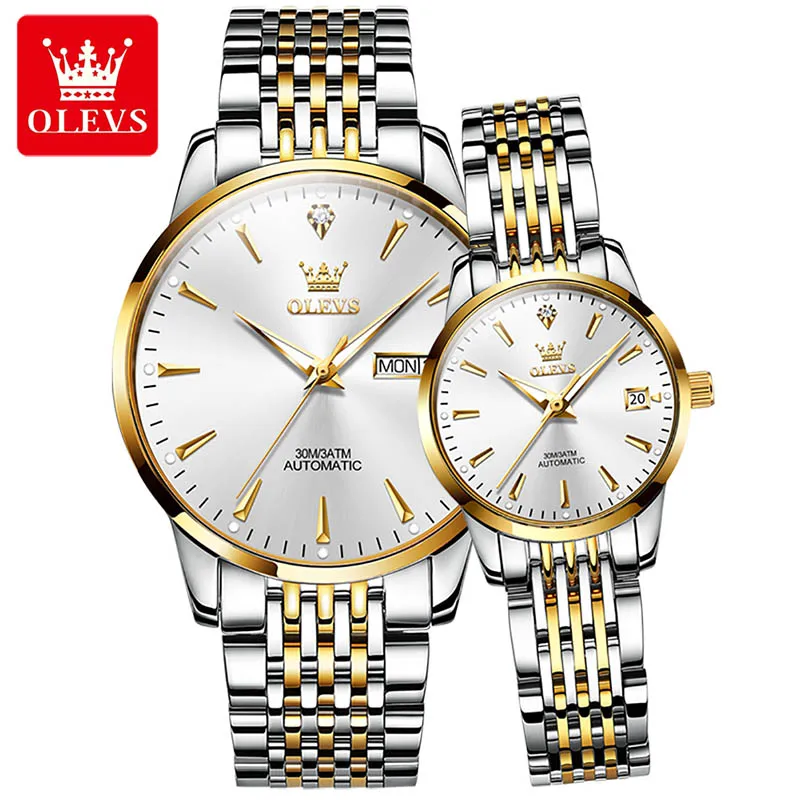 OLEVS 2022 New Luminous Waterproof Weekly Calendar Display Couple Watches Stainless Steel Strap Luxury Gold Plated Case 6635