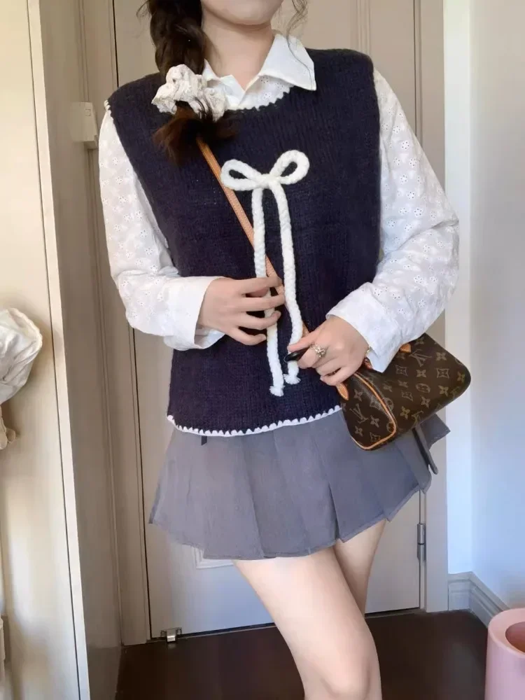 Милый свитер Kimotimo с 3D бантом жилет Женская Осенняя верхняя одежда в стиле преппи