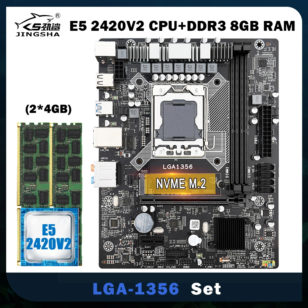 

Материнская плата JINGSHA LGA 1356 Kit с Xeon E5 2420V 2 процессором 2*4 Гб DDR3 ECC RAM память M.2 NVME Mobox до 64 ГБ