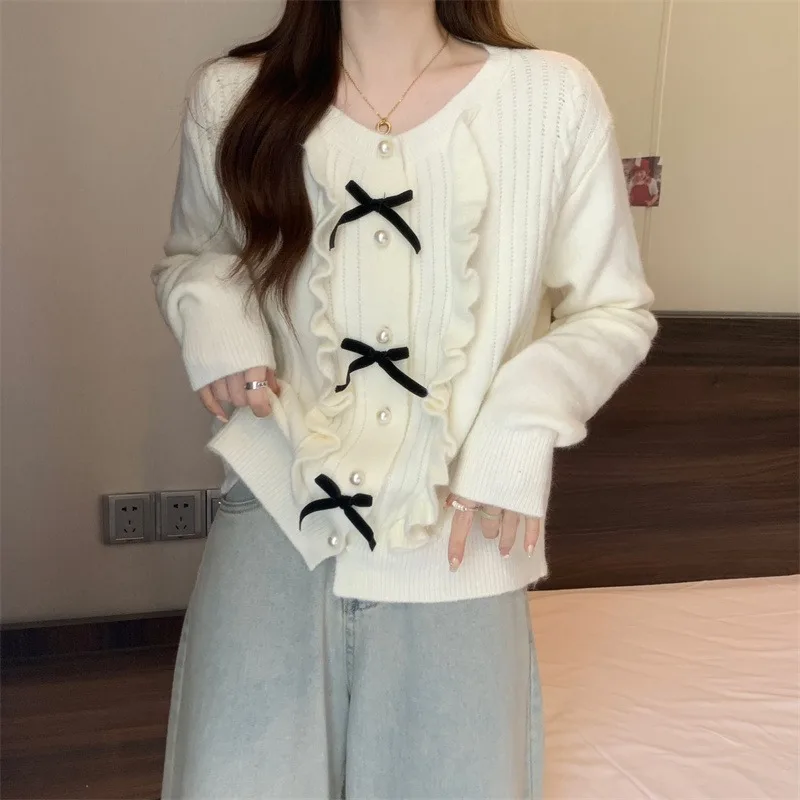 

Sweet Bow Knit Cardigan Women's Spring 2023 New Round Neck Short Sweater Top