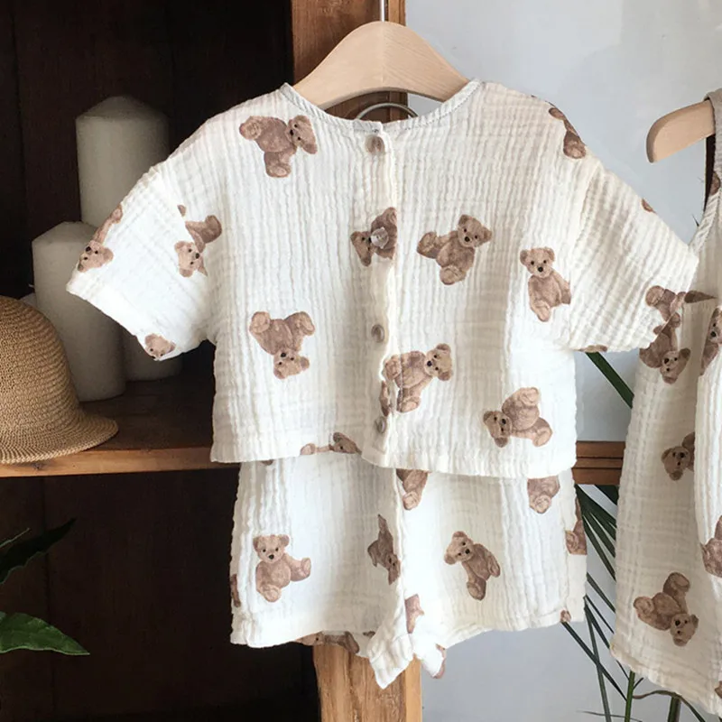 

2022 Summer New Cute Bear Print Baby Boy Short Sleeve Clothes Set Children Cotton Linen Cardigan + Shorts Loose 2pcs Casual Suit