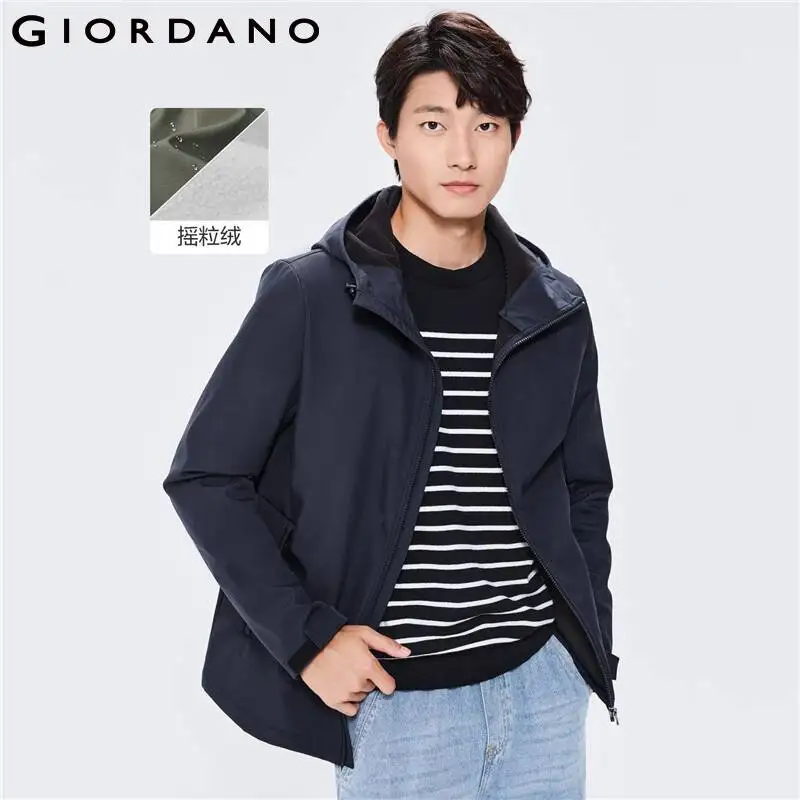 Giordano Men Polar Fleece-Lined Stand Collar Hooded Jacket Zip Front Soild Waterproof Jackets 01072676