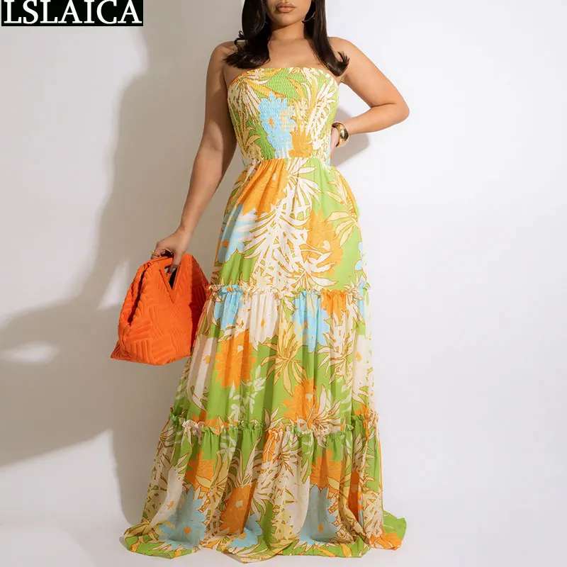 

Sweet Summer Dress New Fashion Strapless Sleeveless High Waist Maxi Dresses for Women Floral Print Sundress Casual Boho Dress