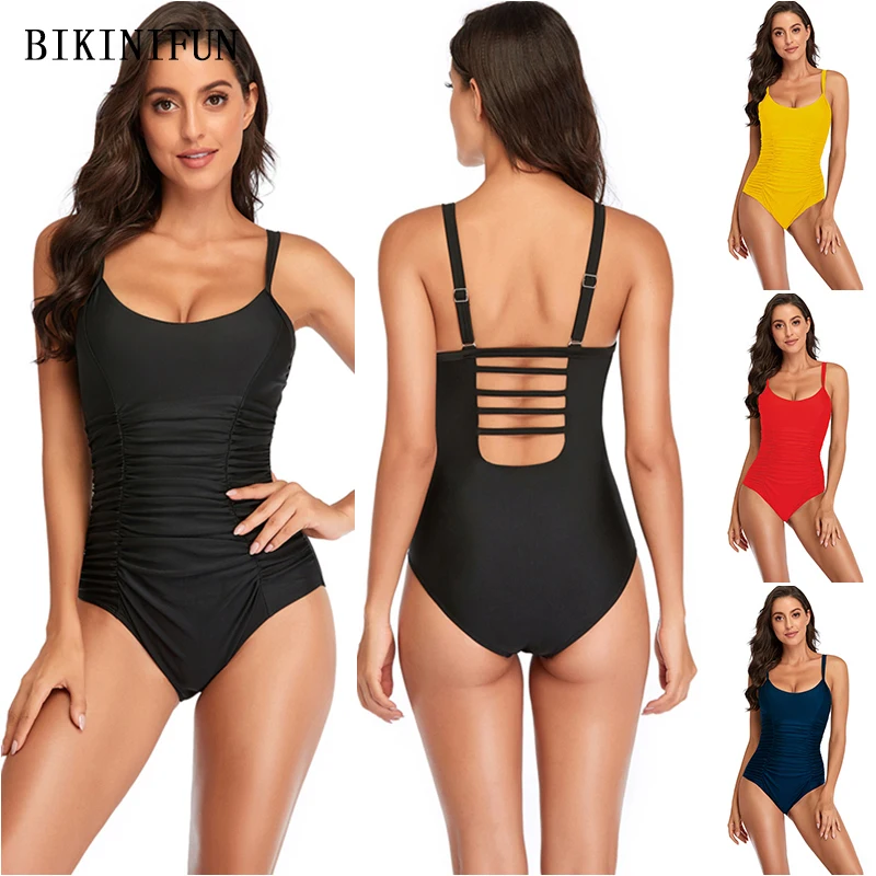 

New Sexy Solid Color Monokini Women Scoop Neck Swimsuit Backless One Piece Suit S-2XL Girl Plus Size Swimwear Bathing Suit