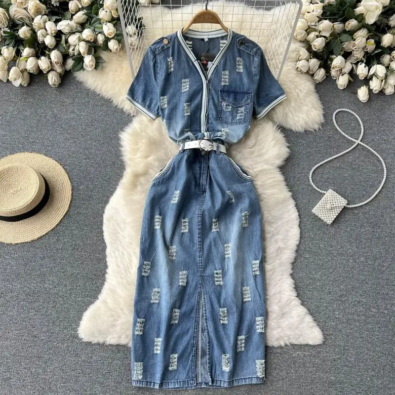 

Корейская версия, мягкая карманная повязка с разрезом, модные джинсовые платья с V-образным вырезом