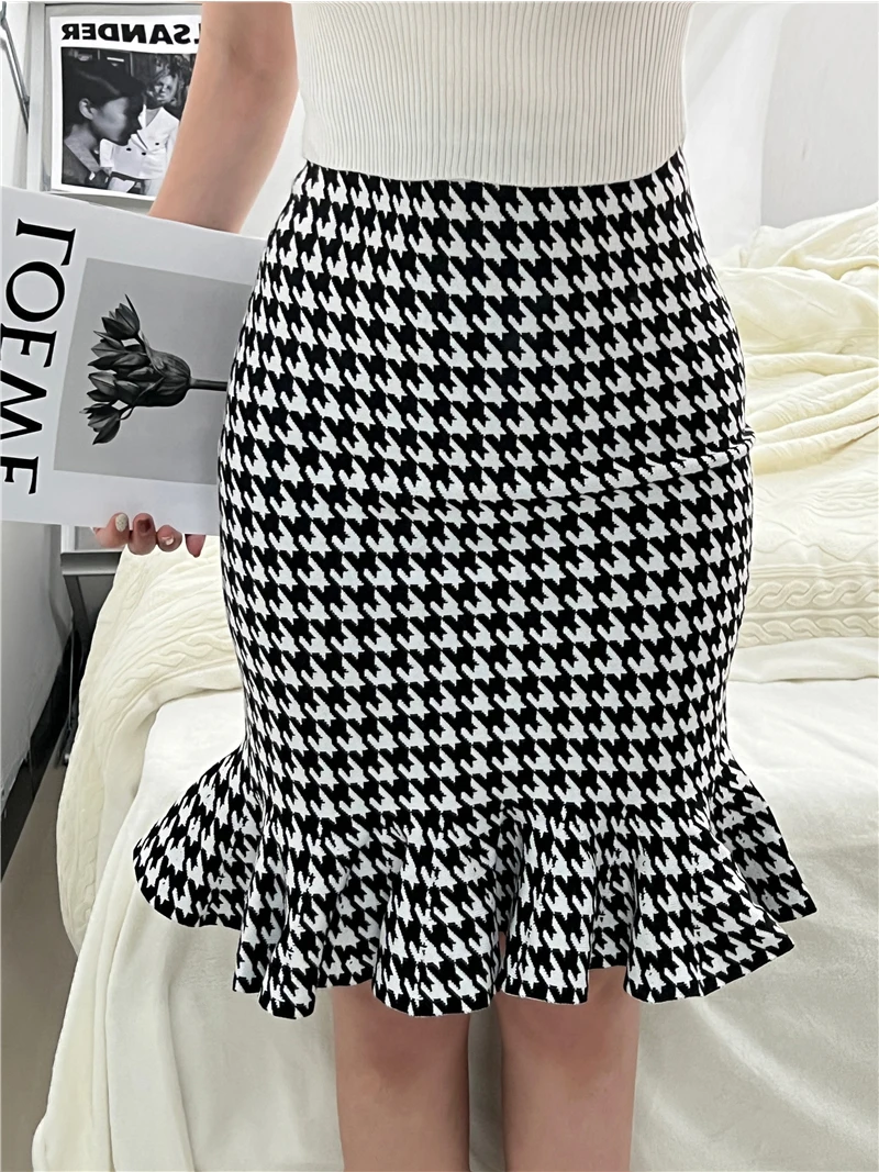 

Houndstooth Fishtail Skirt Women Split Office Lady Sexy Wrap Skirt Plaid Elegant Knee Length Skirts High Wiast Slim Vintage N214