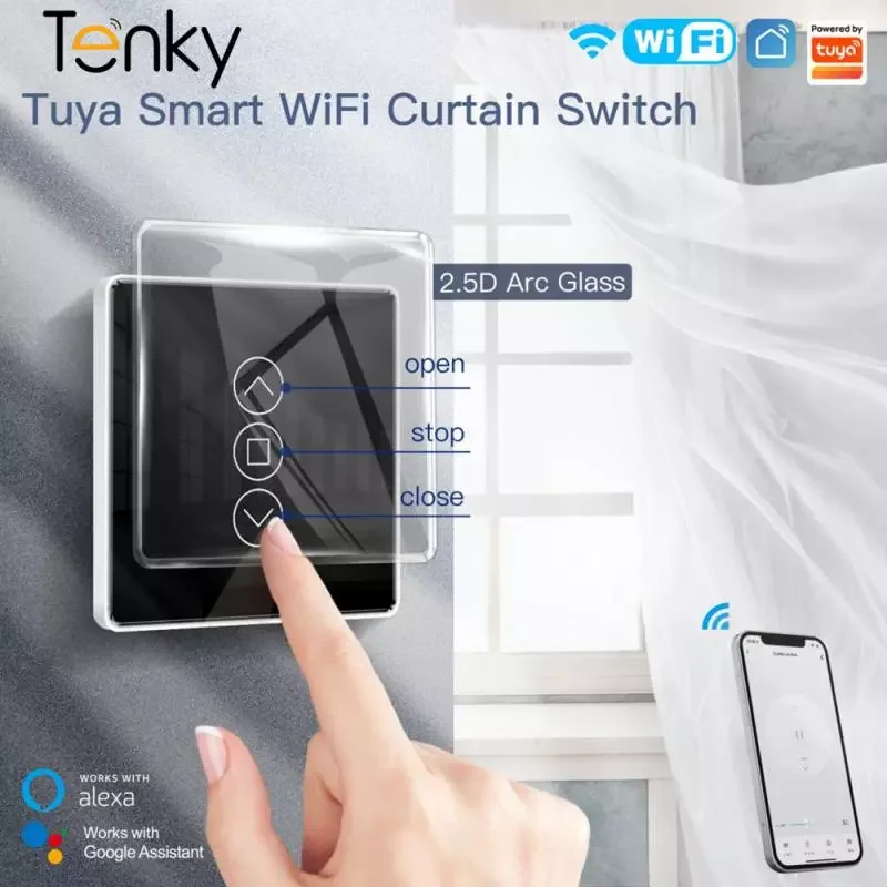 

WiFi RF433 Smart Switch For Roller Blinds Shutters 2.5D Arc Glass Touch Panel Switch Voice Control With Alexa Google Yandex