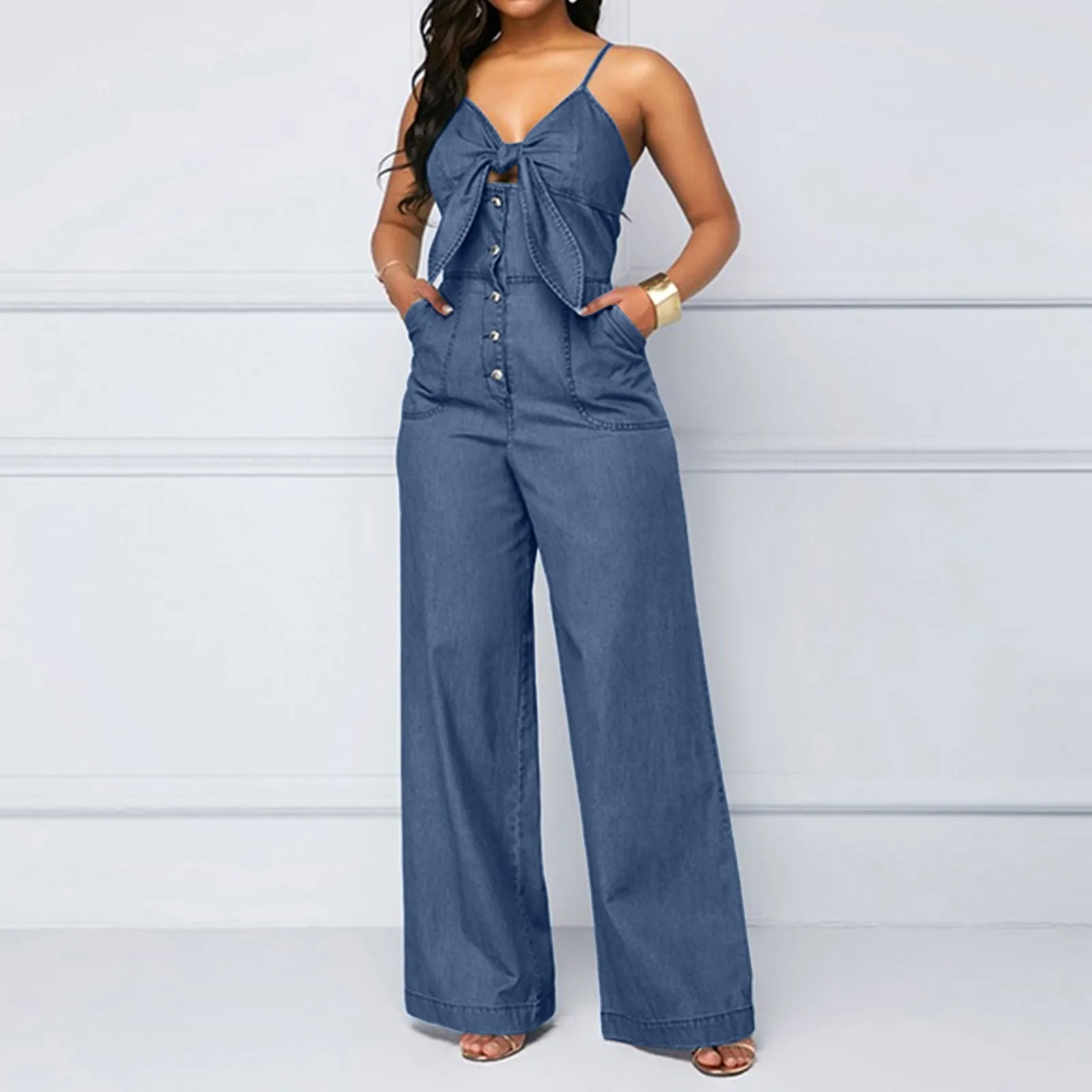 

Overalls 90s Womens Casual Loose Sleeveless Spaghetti Strap Wide Leg Pants Romper for Women Casual Light Blue Jumpsuit for Women