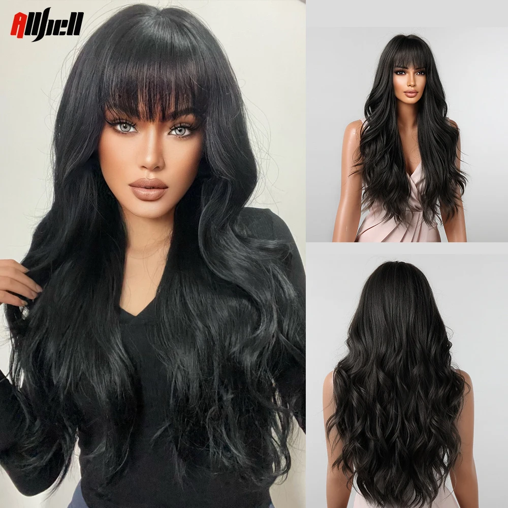 

Черные волнистые синтетические парики с челкой для женщин афро длинный волнистый парик для косплея повседневные женские натуральные волосы Термостойкое волокно