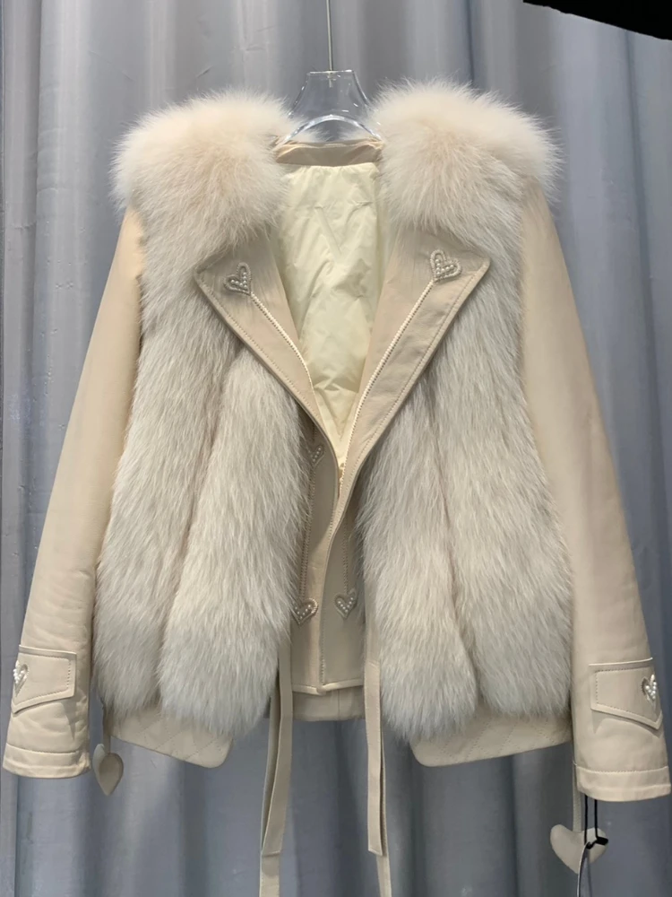 Purple Genuine Sheepskin Fox Fur Goose Down Liner Jacket Female 2022 New Suit Collar Fur Integrated Leather Coats for Winter