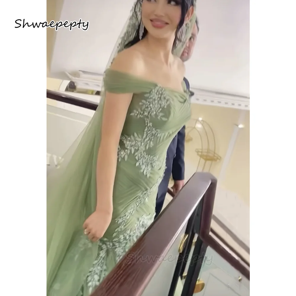 Свадебное платье Шалфейная русалка с открытыми плечами и складками длинные