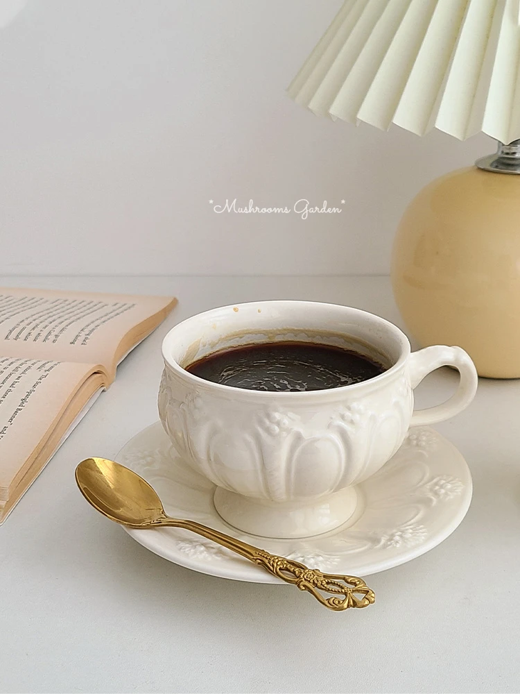 

*Mushrooms Garden*Korean Art Sense Retro Ceramic Coffee Cup and Saucer Set European Embossed Cups Exquisite Afternoon Tea