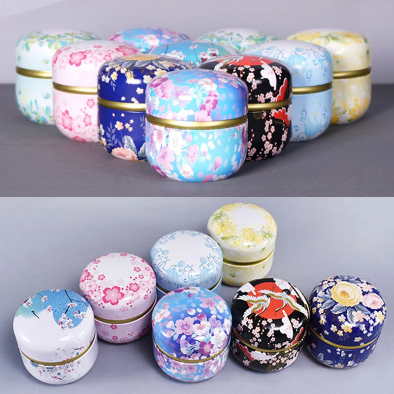 

Durable Tea Caddy Tinplate Household Sealed Tea Packaging Box Portable Japanese Style Flower Tea Round Small Tin Containers