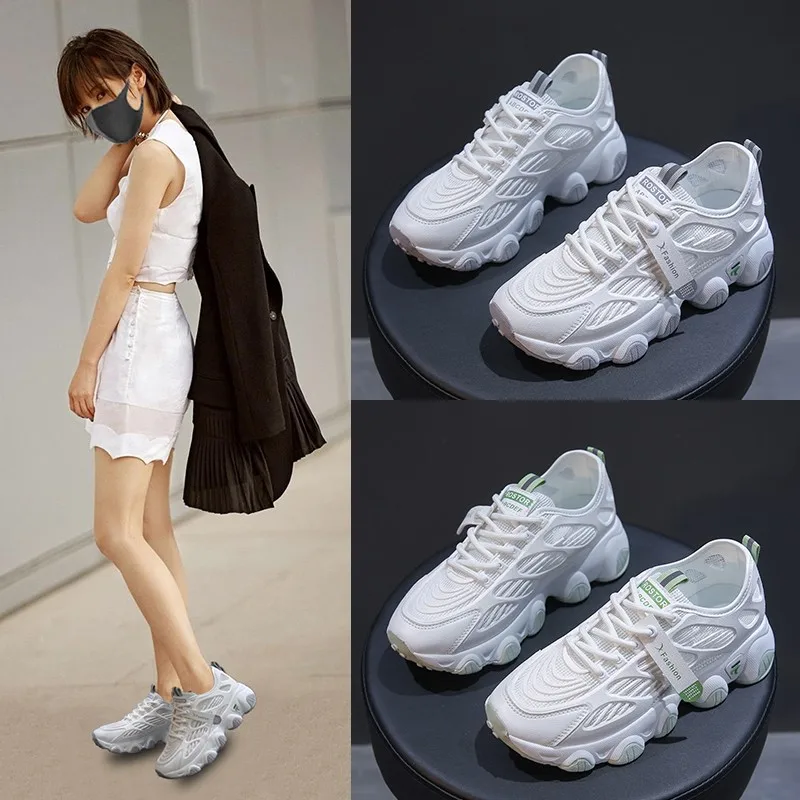 

Женские кроссовки на массивной платформе, Спортивная сетчатая обувь на шнуровке, Вулканизированная подошва, Модные кеды