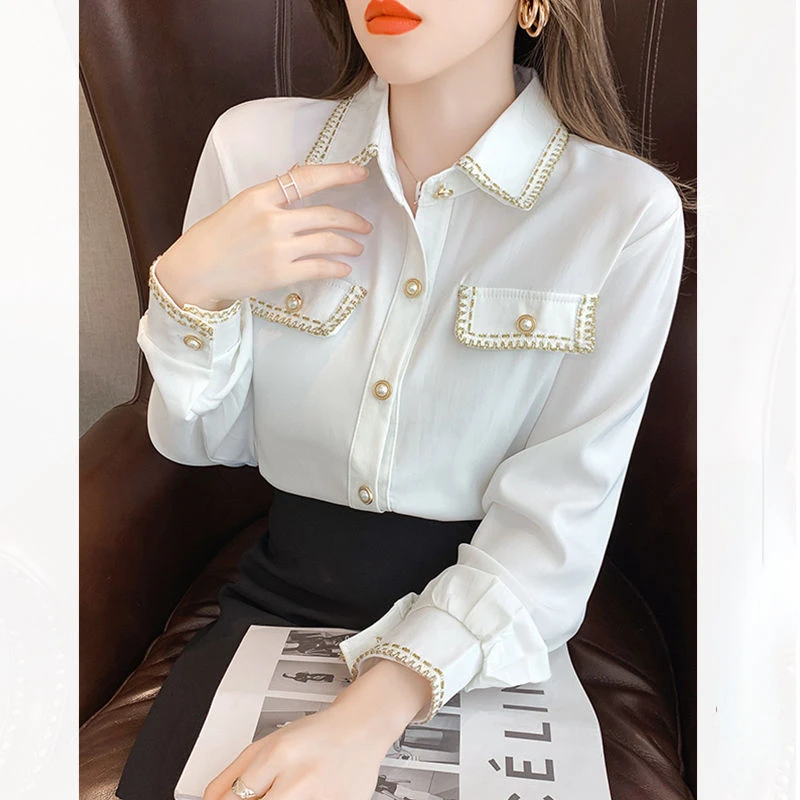 Single-breasted Long Sleeve Top Women Elegantes Spring White Chiffon Shirt Blusas Mujer Fashion blouse Women