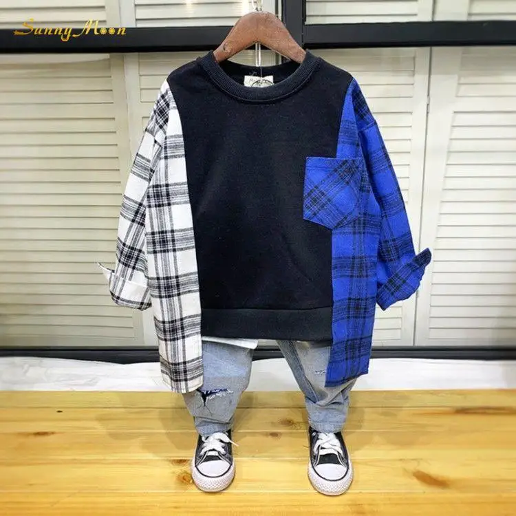 

Baby Fashion Cute Boy Spring Autumn Casual Cotton Infant Toddler Child Splice Long Sleeve Fake Two O-Neck Pullover Shirt 2-14Y