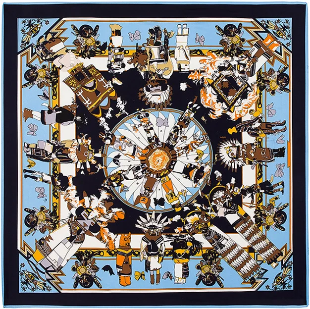 

Twill 100% Silk Scarf Hopi Print Neckerchief Indian Feather Female Square Scarves Lady Foulards Female Large Hijab 130cm