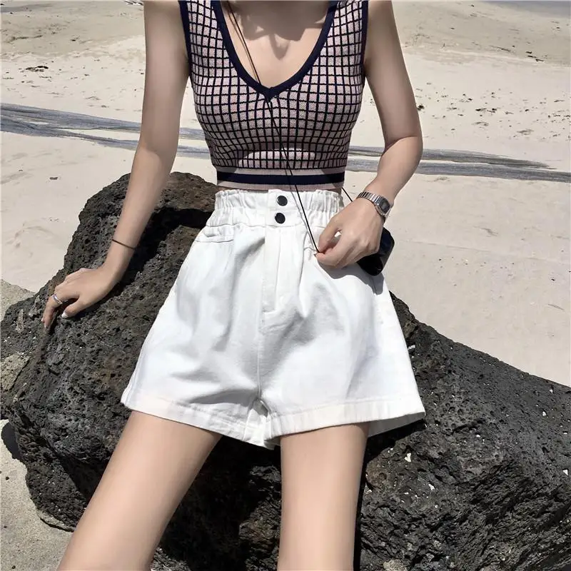 

Casual Straight Shorts Korean Style High Waist Wide Leg White Shorts Summer Women New Fashion Retro Solid Daily Street Out Wear